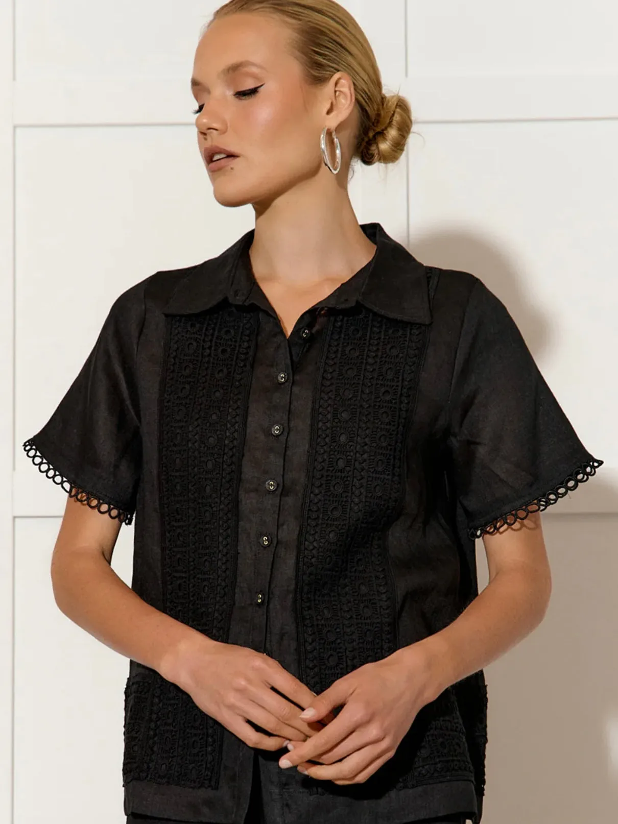 Vanessa Lace Panel Shirt : Black : Adorne