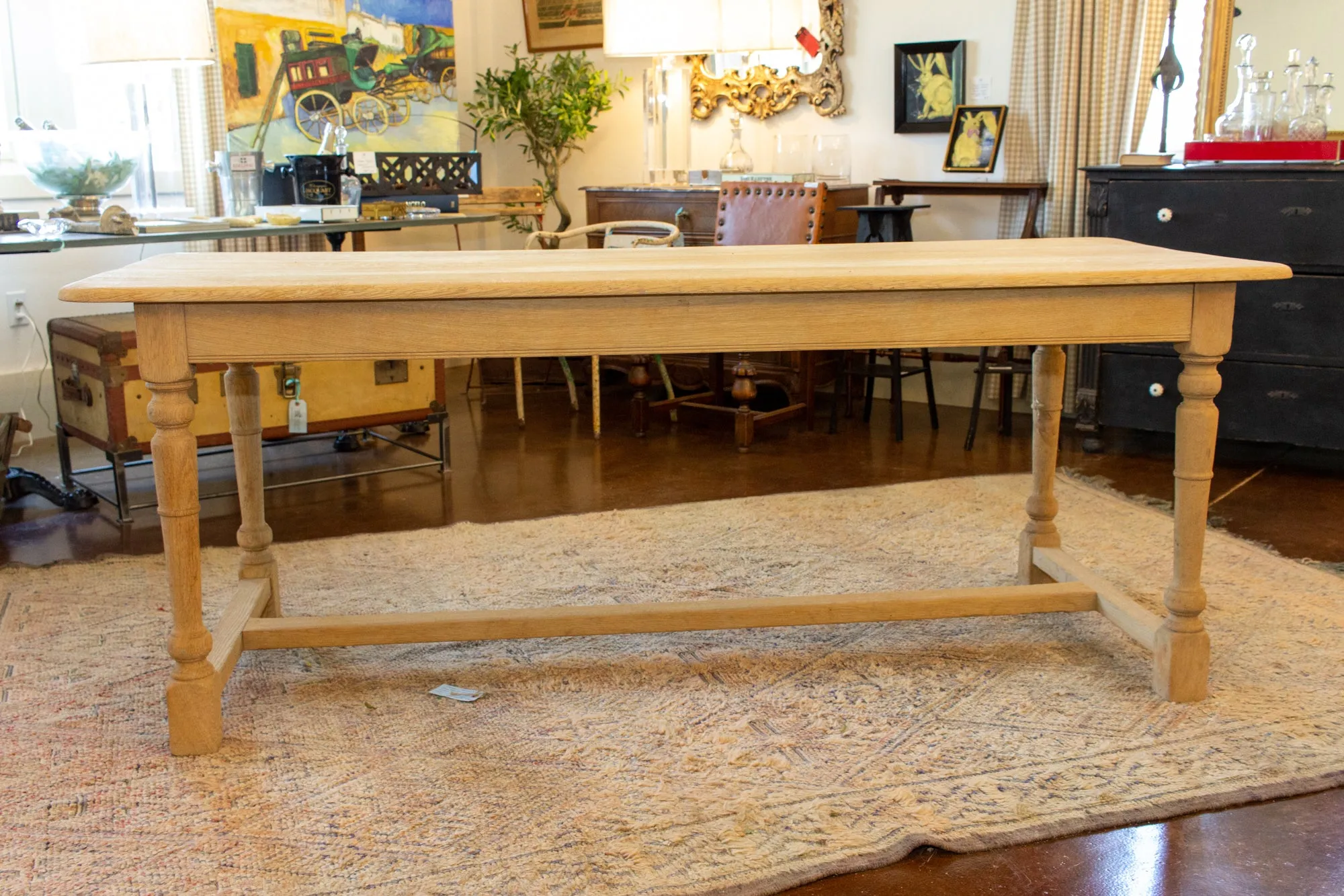 Vintage Stripped French Oak Farm Table with Turned Legs