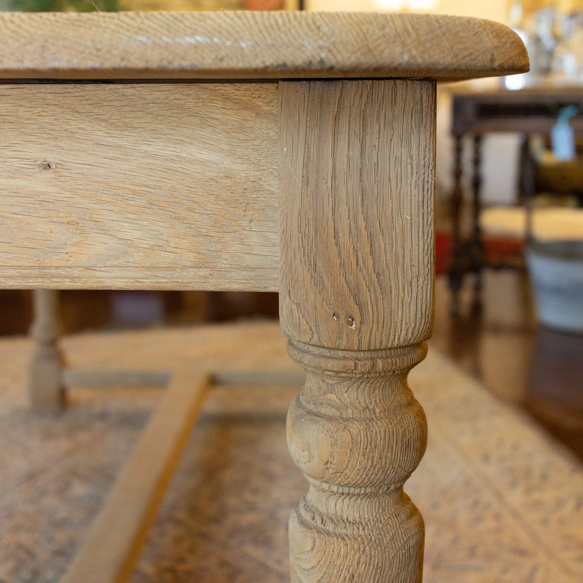 Vintage Stripped French Oak Farm Table with Turned Legs