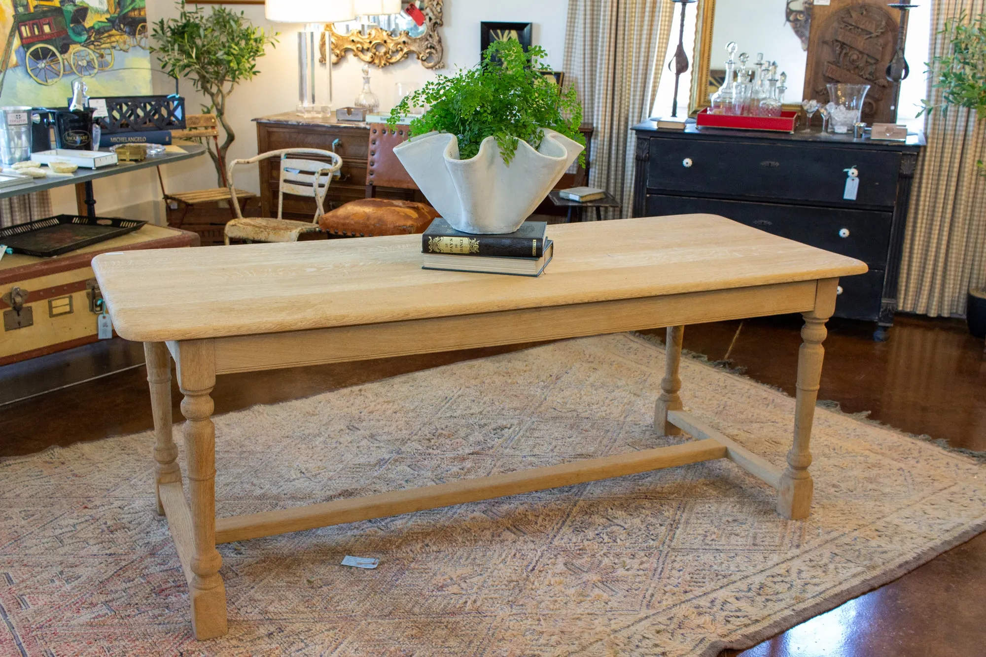 Vintage Stripped French Oak Farm Table with Turned Legs
