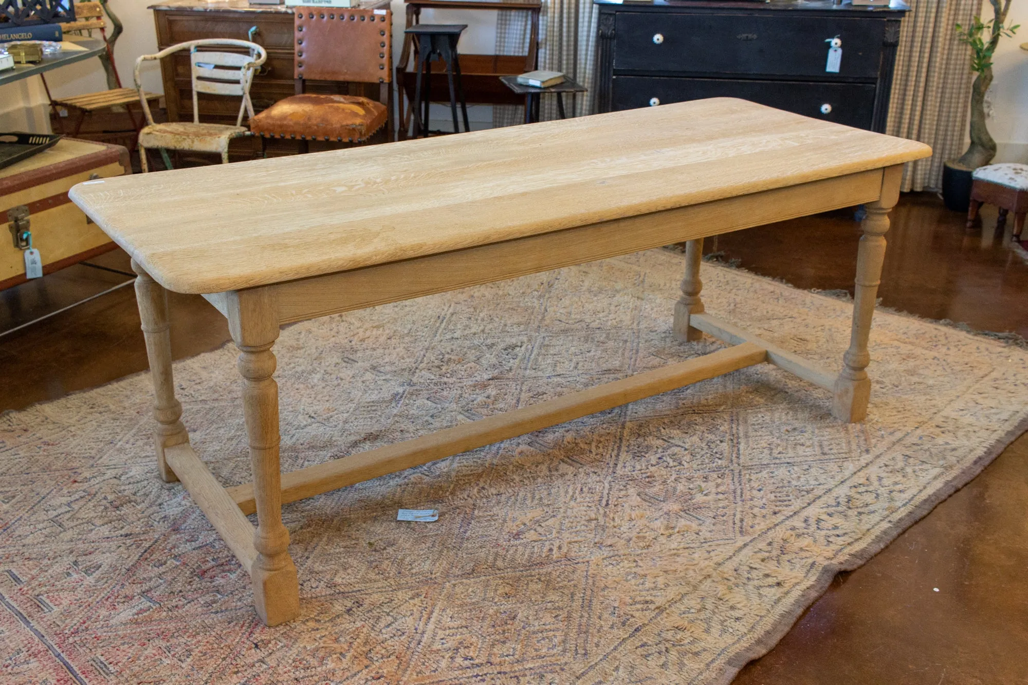 Vintage Stripped French Oak Farm Table with Turned Legs