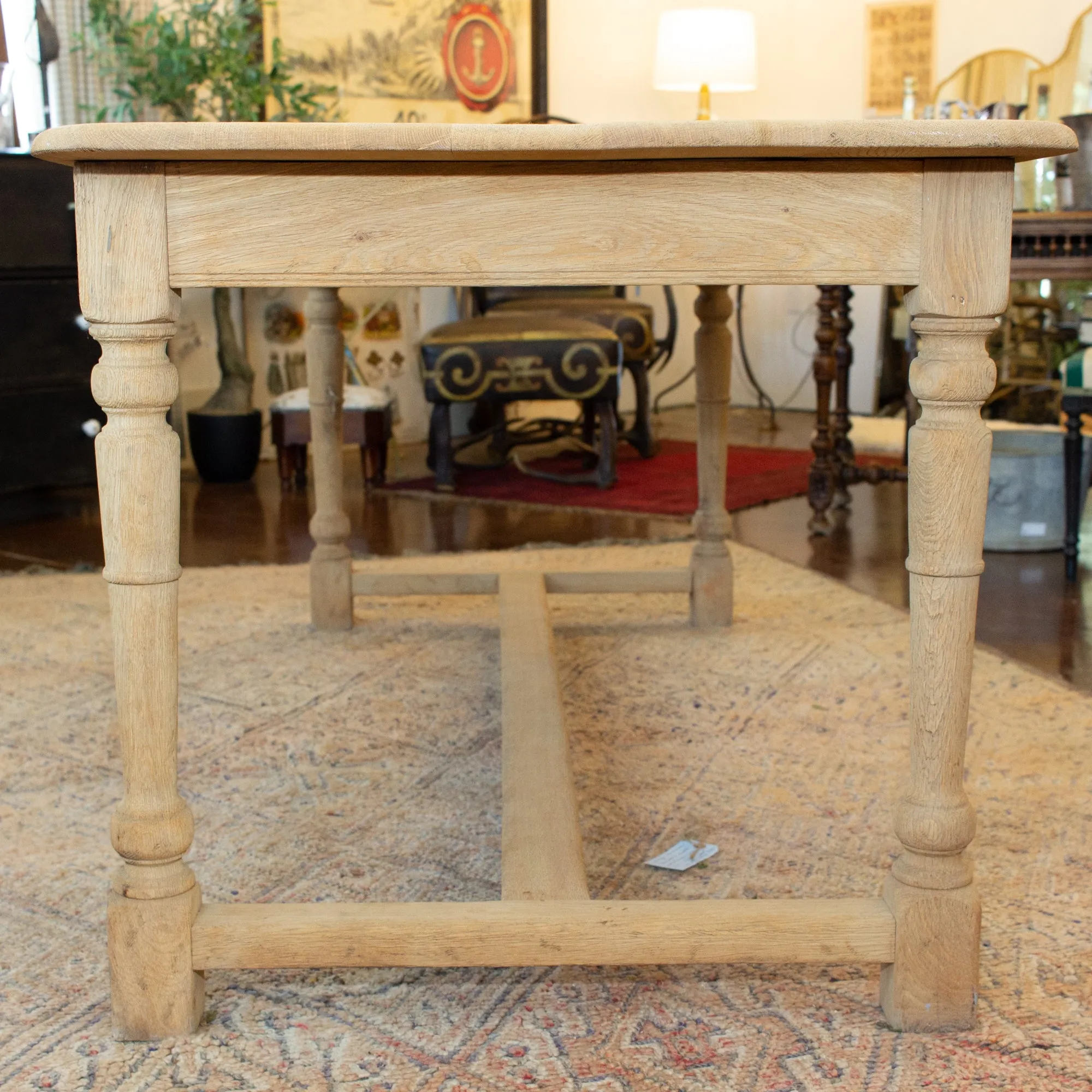 Vintage Stripped French Oak Farm Table with Turned Legs