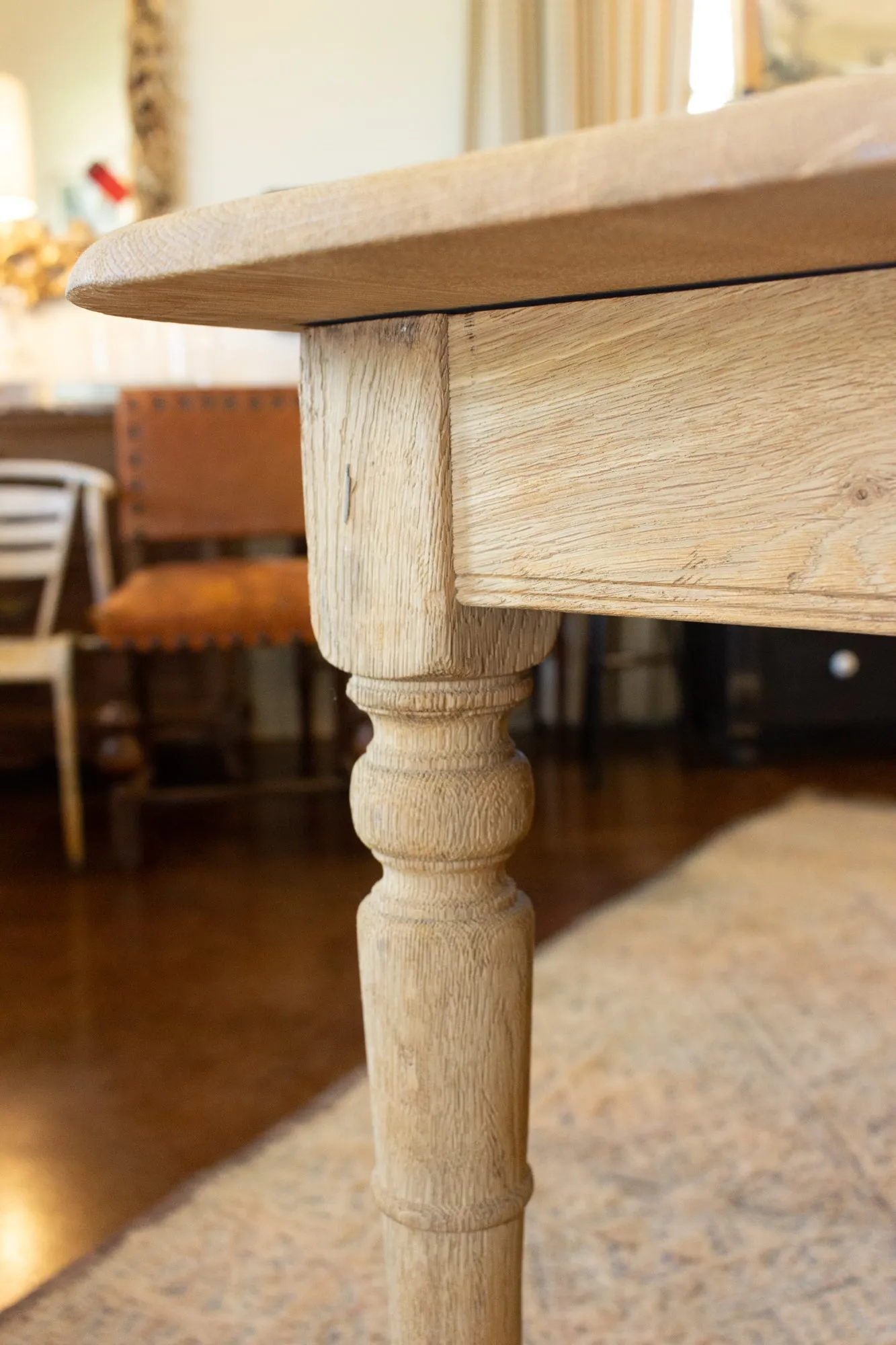 Vintage Stripped French Oak Farm Table with Turned Legs