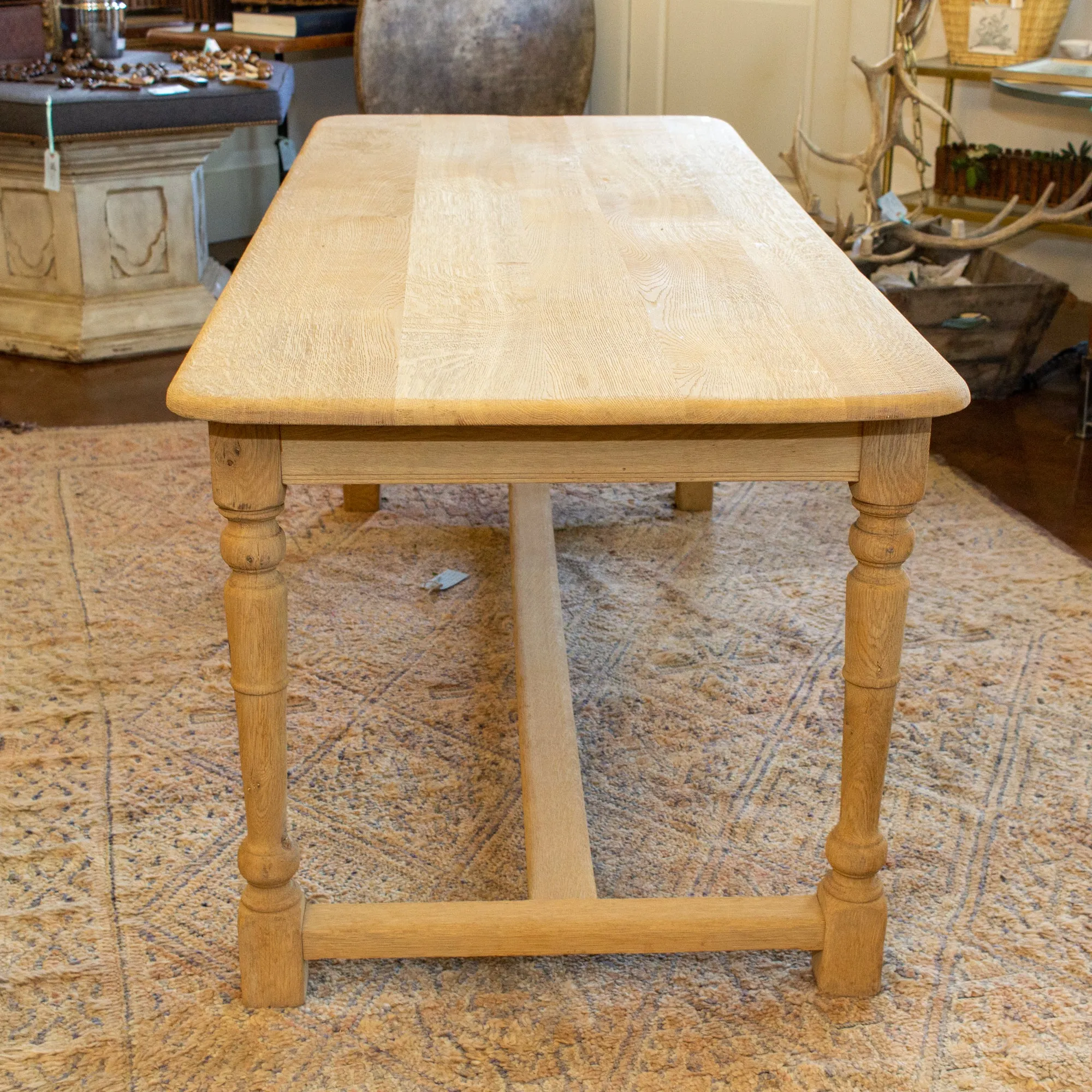 Vintage Stripped French Oak Farm Table with Turned Legs
