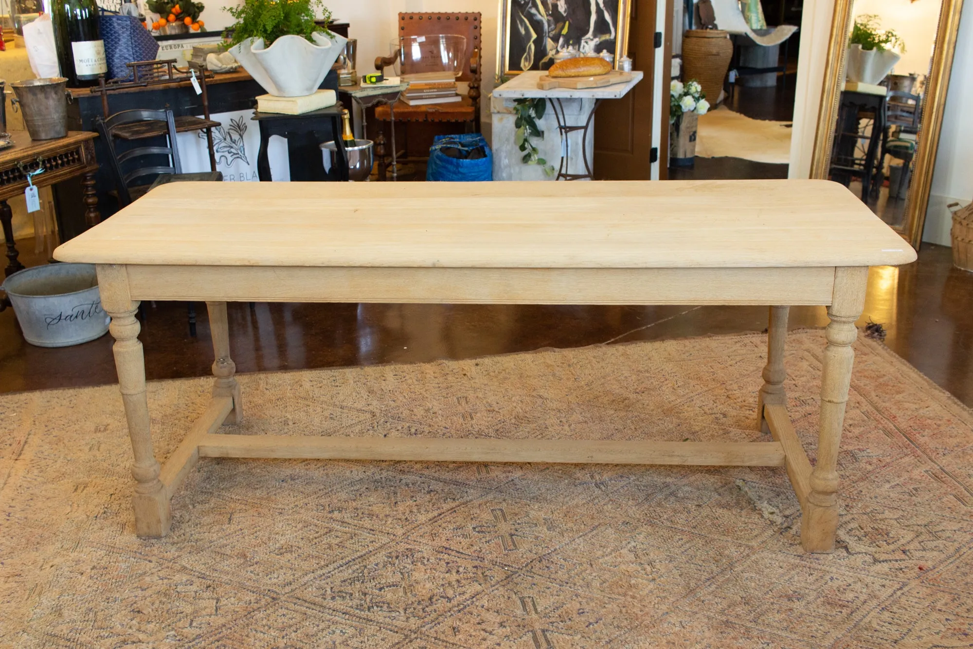 Vintage Stripped French Oak Farm Table with Turned Legs