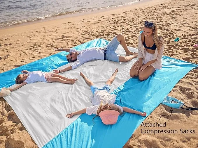 WEKAPO Beach Blanket Sandproof, Extra Large Beach Mat, Big & Compact Sand Free Mat Quick Drying, Lightweight & Durable with 6 Stakes & 4 Corner Pockets