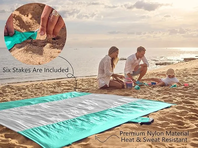 WEKAPO Beach Blanket Sandproof, Extra Large Beach Mat, Big & Compact Sand Free Mat Quick Drying, Lightweight & Durable with 6 Stakes & 4 Corner Pockets