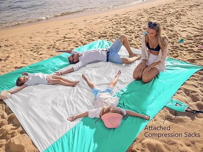 WEKAPO Beach Blanket Sandproof, Extra Large Beach Mat, Big & Compact Sand Free Mat Quick Drying, Lightweight & Durable with 6 Stakes & 4 Corner Pockets
