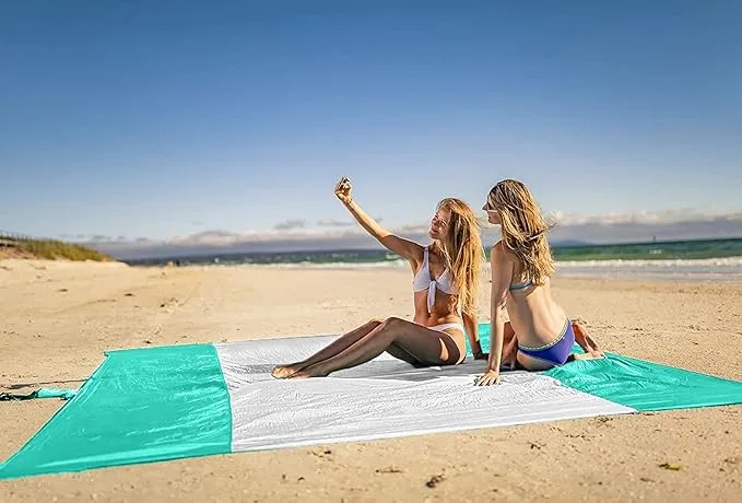 WEKAPO Beach Blanket Sandproof, Extra Large Beach Mat, Big & Compact Sand Free Mat Quick Drying, Lightweight & Durable with 6 Stakes & 4 Corner Pockets