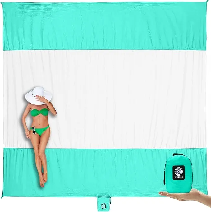 WEKAPO Beach Blanket Sandproof, Extra Large Beach Mat, Big & Compact Sand Free Mat Quick Drying, Lightweight & Durable with 6 Stakes & 4 Corner Pockets