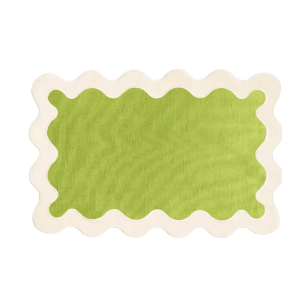 White and Green 100% Linen Scallop Placemats - Set of 4