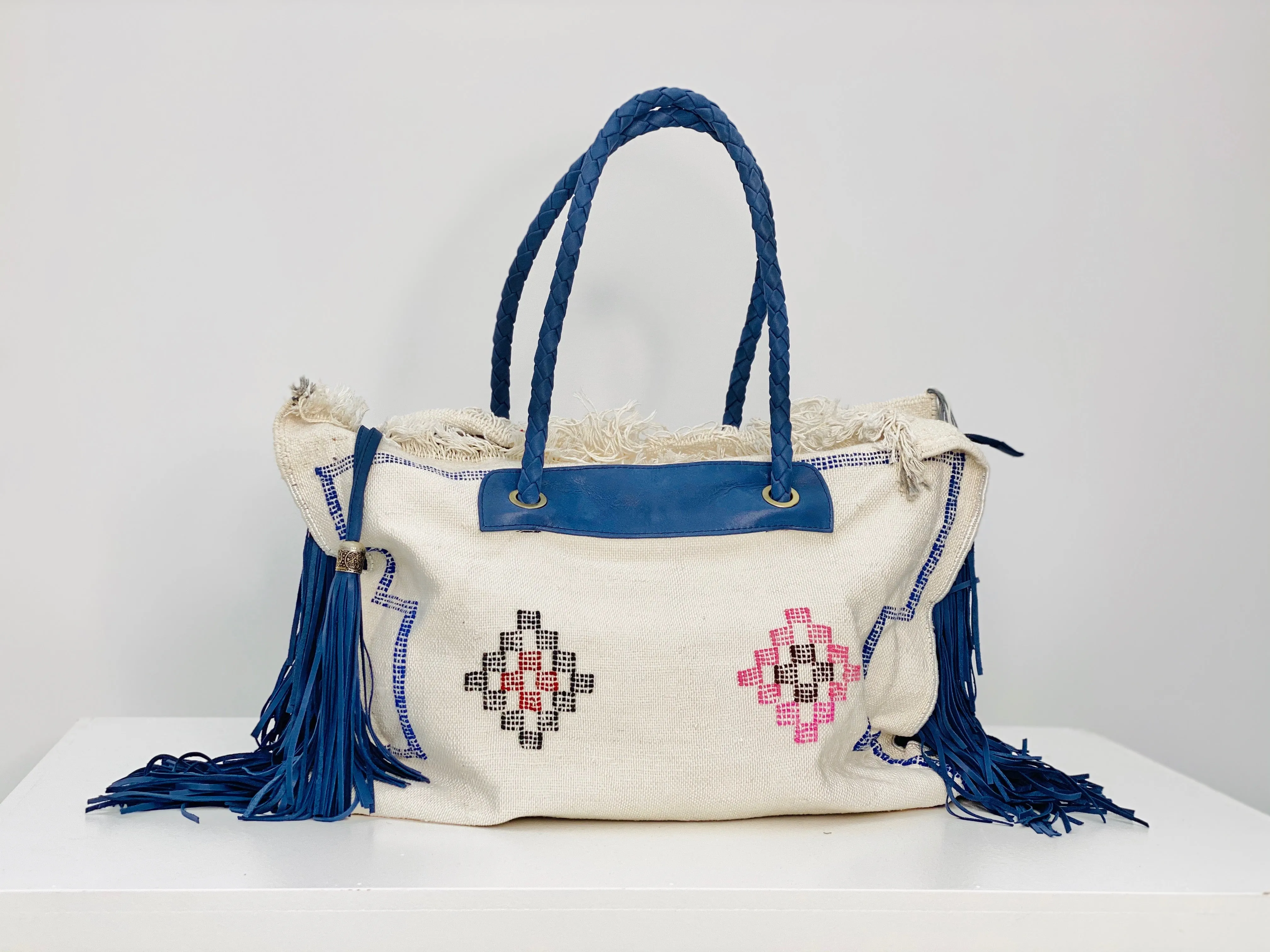 White Cactus Silk Blue Leather Fringe Weekender Bag