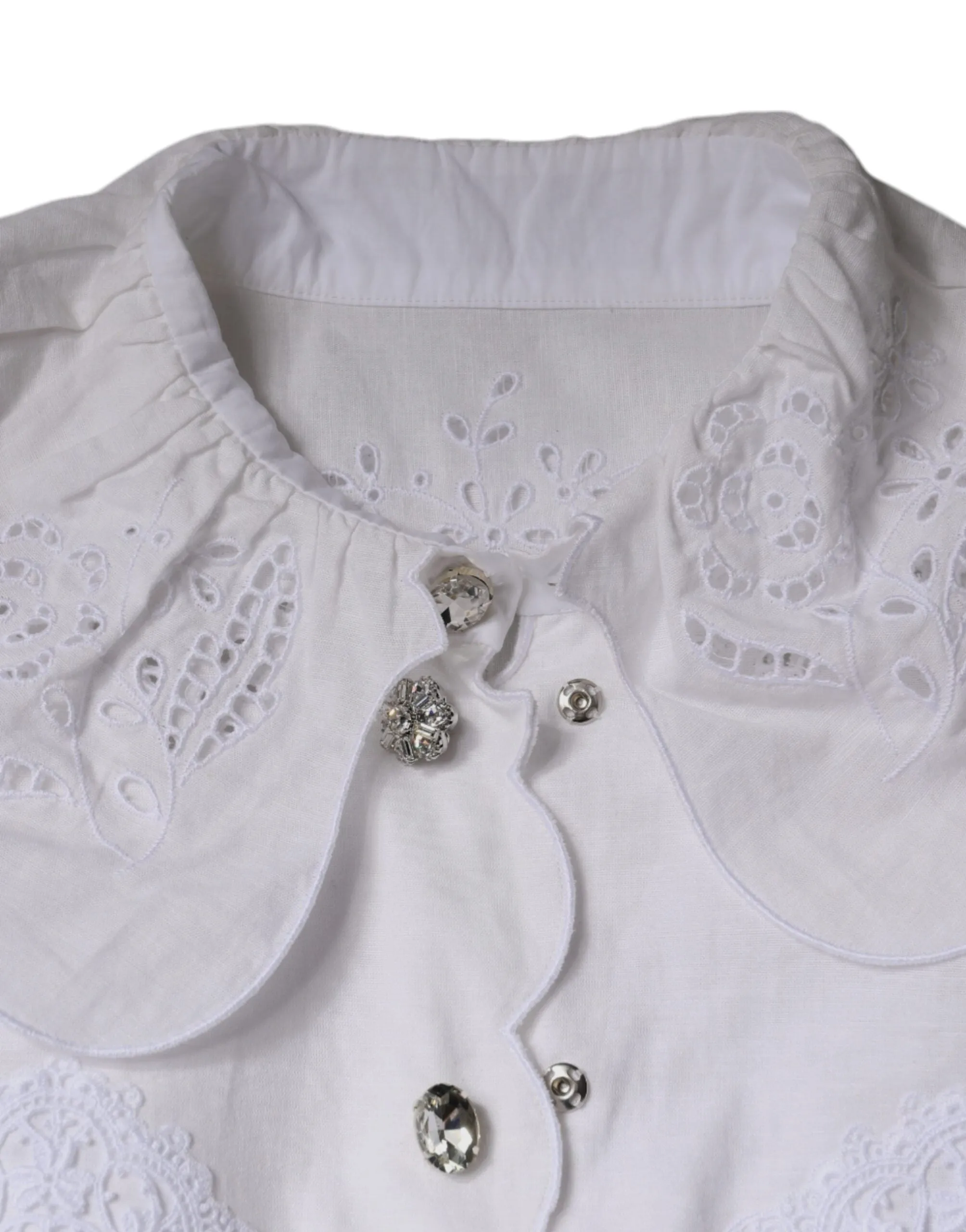 White Cotton Lace Trim Collared Blouse Top