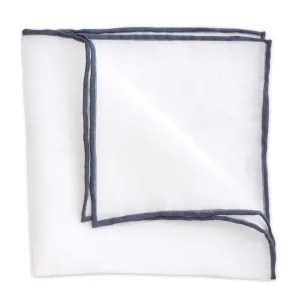 White Linen Pocket Square with Charcoal Trim