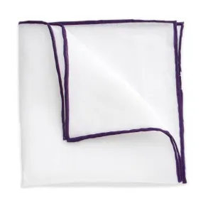 White Linen Pocket Square with Plum Trim