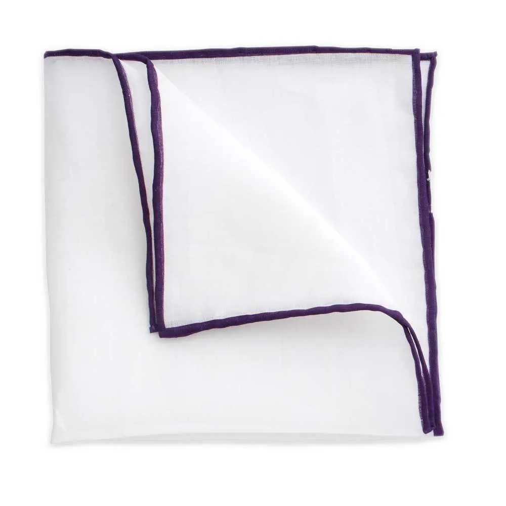 White Linen Pocket Square with Plum Trim