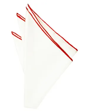 White Silk with Red Hand Rolled Trim Pocket Square
