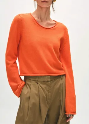 White   Warren - Organic Cotton Roll Trim Crew Sweater - Orange Blaze