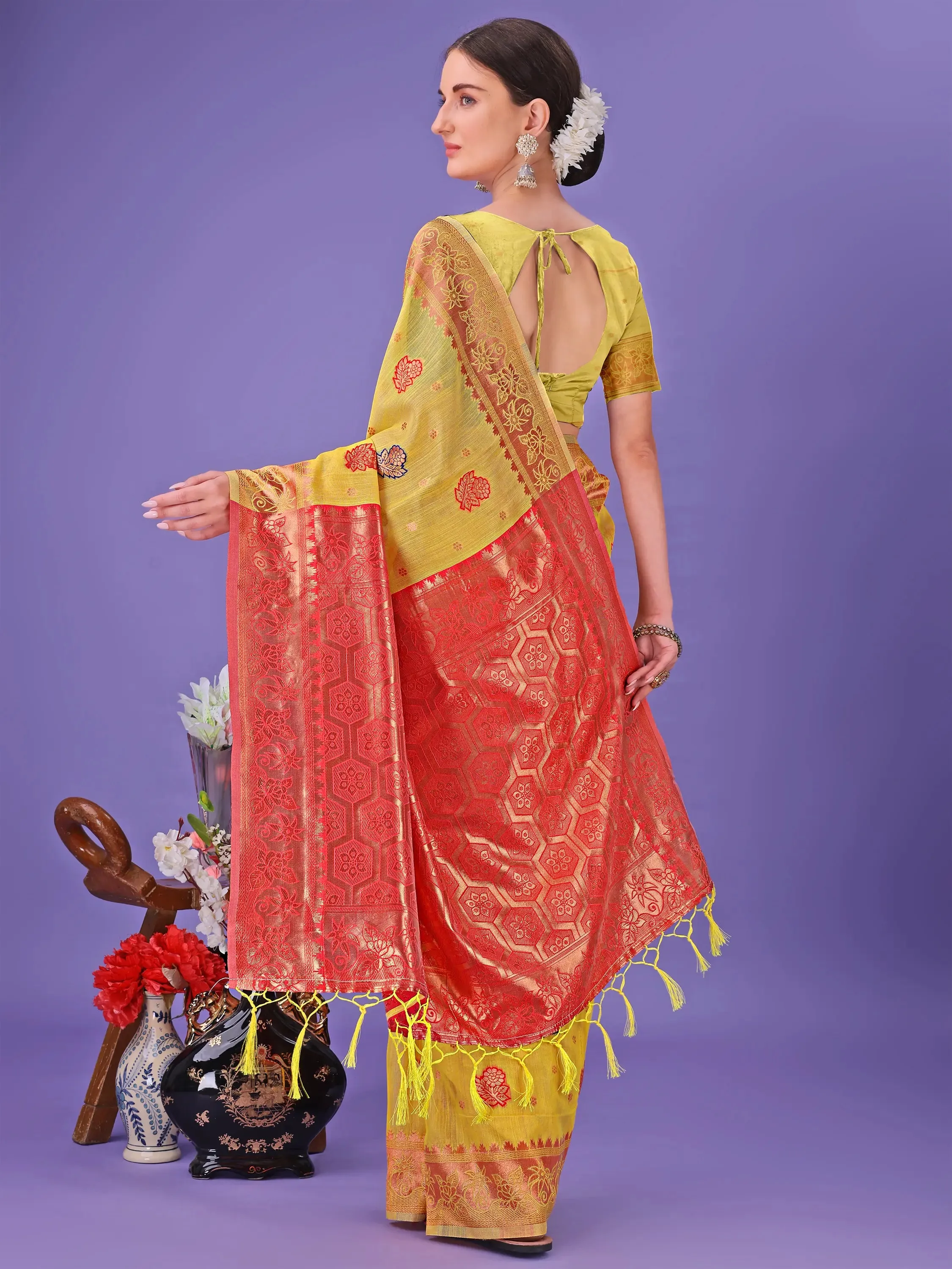 Yellow Linen Cotton Saree